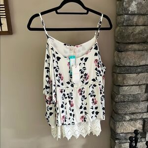 Skies Are Blue White and Pink cold shoulder lace trim Ruffled Camisole